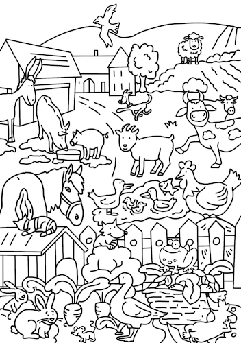 Cartoon: ausmalen Bild Bauernhof (medium) by sabine voigt tagged ausmalen,bild,bauernhof,bauer,schaf,kuh,esel,huhn,hahn,gans,fuchs,tiere,schwein,katze,ernte,ökologie,biologie,nutztiere