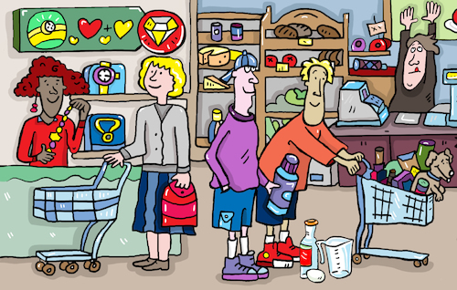 Cartoon: Einkaufen (medium) by sabine voigt tagged kaufhaus,ausmalen,einkaufen,geschäfte,läden,kasse,spielzeug,schule,kindergarten,rolltreppe,konsum