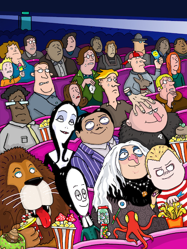 Cartoon: Kino Adams Family (medium) by sabine voigt tagged kino,adams,family,horror,film,freizeit,gruseln,halloween,familie,oma,opa,löwe,hand,popkorn