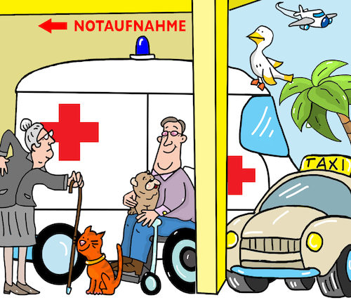 Cartoon: Notaufnahme Krankenhaus (medium) by sabine voigt tagged notaufnahme,krankenhaus,rettungswagen,taxi,rollstuhl,notfall,ambulanz,unfall