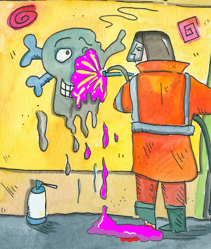 Cartoon: Säure Arbeitsunfall (medium) by sabine voigt tagged säure,grafitty,arbeitsunfall,wunde,unfall,krankenhaus,krankenversicherung