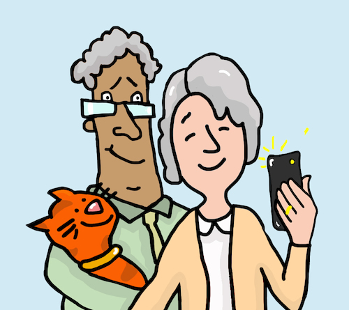 Cartoon: senioren handy (medium) by sabine voigt tagged großeltern,handy,seif,mobile,digitalisierung,besuch,cartoon,seniorin,haushaltshilfe,medizin,pflegeheim,pflege,überalterung,alter,senioren