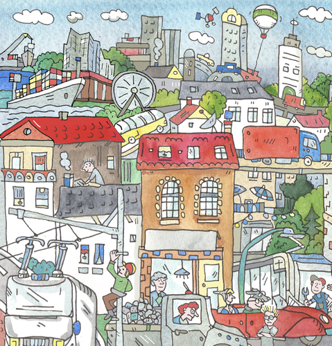 Cartoon: Verkehr Wimmelbild (medium) by sabine voigt tagged auto,verkehr,benzin,erneuerbare,energie,wimmelbild,hybrid,fahrzeug,gas,elektroauto,technologie,erfindung,zukunft