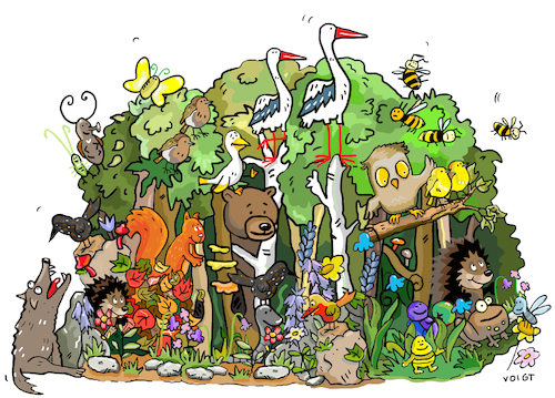 Cartoon: Wald Speicherwald (medium) by sabine voigt tagged wald,speicherwald,naturwald,artenvielfalt,rote,liste,wolf,bär,goldammer,braunkelchen,knoblauchkröte,kröte,ökologie,umweltschutz,co2