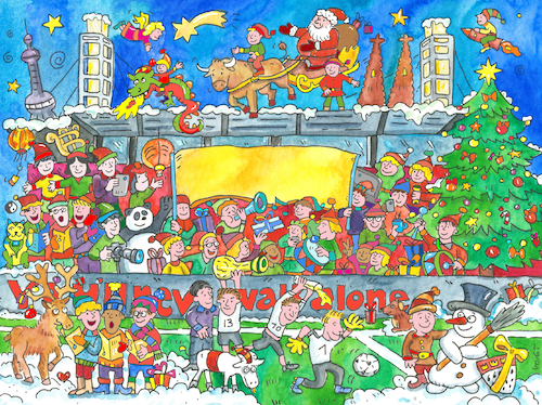 Cartoon: Wimmelbild Fussball Weihnacht (medium) by sabine voigt tagged wimmelbild,fussball,weihnacht,schnee,weihnachtsmann,winter,schlitten,geschenke,sport,stadion,weihnachten