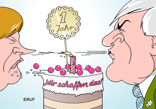 Cartoon: 1 Jahr (medium) by Erl tagged bundeskanzlerin,angela,merkel,cdu,flüchtlinge,grenze,öffnung,humanität,wir,schaffen,das,kritik,ministerpräsident,bayern,horst,seehofer,csu,forderung,obergrenze,schließung,balkanroute,verhältnis,angespannt,jahr,geburtstagstorte,kerze,ausblasen,gegenwind,karikatur,erl,bundeskanzlerin,angela,merkel,cdu,flüchtlinge,grenze,öffnung,humanität,wir,schaffen,das,kritik,ministerpräsident,bayern,horst,seehofer,csu,forderung,obergrenze,schließung,balkanroute,verhältnis,angespannt,jahr,geburtstagstorte,kerze,ausblasen,gegenwind,karikatur,erl