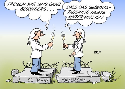 Cartoon: 5o Jahre Mauerbau (medium) by Erl tagged geburtstagskind,geburtstag,wessi,ossi,west,ost,deutschland,wiedervereinigung,mauerfall,mauertote,schießbefehl,schutzwall,antifaschistischer,sozialismus,ddr,honecker,ulbricht,1961,august,13,jahre,fünfzig,50,mauerbau,westberlin,ostberlin,berlin,mauer,mauer,berlin,ostberlin,westberlin,mauerbau,50 jahre,1961,honecker,ddr,50,jahre