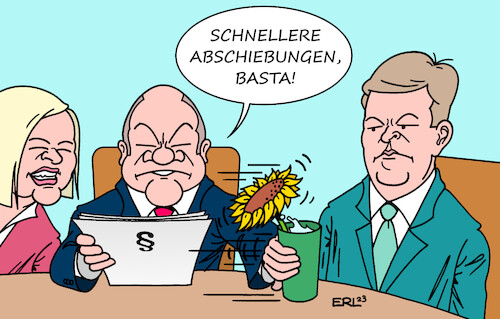 Cartoon: Abschiebungen (medium) by Erl tagged politik,migration,flüchtlinge,ohne,bleiberecht,bundesregierung,ampel,spd,bündnis90,die,grünen,fdp,kabinett,beschluss,gesetz,abschiebung,abschiebungen,schneller,widerstand,grüne,jugend,basis,robert,habeck,innenministerin,nancy,faeser,bundeskanzler,olaf,scholz,entschlossenheit,basta,kabinettstisch,vase,sonnenblume,karikatur,erl,politik,migration,flüchtlinge,ohne,bleiberecht,bundesregierung,ampel,spd,bündnis90,die,grünen,fdp,kabinett,beschluss,gesetz,abschiebung,abschiebungen,schneller,widerstand,grüne,jugend,basis,robert,habeck,innenministerin,nancy,faeser,bundeskanzler,olaf,scholz,entschlossenheit,basta,kabinettstisch,vase,sonnenblume,karikatur,erl