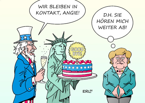 Cartoon: Abschied (medium) by Erl tagged politik,bundeskanzlerin,angela,merkel,amtszeit,ende,besuch,abschiedsbesuch,usa,präsidenten,george,bush,barack,obama,donald,trump,joe,biden,wechselbad,gefühle,uncle,sam,liberty,freiheitsstatue,abhören,unter,freunden,abhöraffäre,geheimdienst,nsa,deutsch,amerikanische,freundschaft,karikatur,erl,politik,bundeskanzlerin,angela,merkel,amtszeit,ende,besuch,abschiedsbesuch,usa,präsidenten,george,bush,barack,obama,donald,trump,joe,biden,wechselbad,gefühle,uncle,sam,liberty,freiheitsstatue,abhören,unter,freunden,abhöraffäre,geheimdienst,nsa,deutsch,amerikanische,freundschaft,karikatur,erl