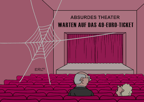 Cartoon: Absurdes Theater (medium) by Erl tagged illustration,politik,verkehr,öffentlicher,nahverkehr,experiment,euro,ticket,erfolg,nachfolge,49,verzögerung,einführung,termin,ungewiss,absurdes,theater,samuel,beckett,warten,auf,godot,karikatur,erl,illustration,politik,verkehr,öffentlicher,nahverkehr,experiment,euro,ticket,erfolg,nachfolge,49,verzögerung,einführung,termin,ungewiss,absurdes,theater,samuel,beckett,warten,auf,godot,karikatur,erl