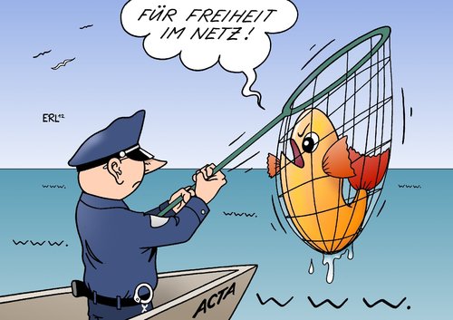 Cartoon: ACTA (medium) by Erl tagged internet,world,wide,web,acta,urheberrecht,piraterie,zensur,freiheit,netz,fisch,polizei,justiz,kontrolle,internet,web,www,zensur,piraterie,freiheit,fisch,polizei,justiz,kontrolle,urheberrecht,acta,überwachung,angst,abkommen