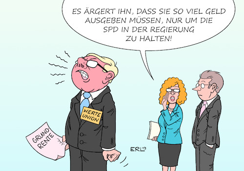 Cartoon: Ärger wegen Grundrente (medium) by Erl tagged politik,bundesregierung,große,koalition,cdu,csu,spd,streit,grundrente,bedürftigkeit,prüfung,bedürftigkeitsprüfung,arbeit,alter,rente,grundsicherung,einigung,fortbestand,groko,konservative,werteunion,ärger,geld,ausgaben,karikatur,erl,politik,bundesregierung,große,koalition,cdu,csu,spd,streit,grundrente,bedürftigkeit,prüfung,bedürftigkeitsprüfung,arbeit,alter,rente,grundsicherung,einigung,fortbestand,groko,konservative,werteunion,ärger,geld,ausgaben,karikatur,erl