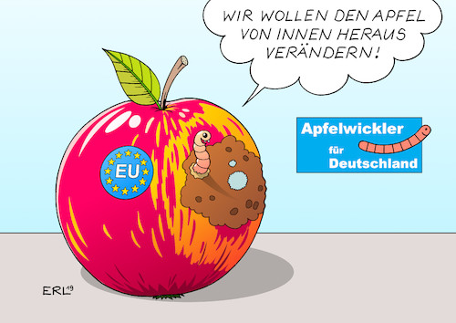 Cartoon: AfD Europawahl (medium) by Erl tagged politik,europa,europawahl,aufstellung,afd,alternative,für,deutschland,europafeindlich,rechtspopulismus,nationalismus,stärkung,nationalstaat,bekämpfung,eu,apfel,wurm,apfelwickler,karikatur,erl,politik,europa,europawahl,aufstellung,afd,alternative,für,deutschland,europafeindlich,rechtspopulismus,nationalismus,stärkung,nationalstaat,bekämpfung,eu,apfel,wurm,apfelwickler,karikatur,erl