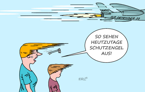 Cartoon: Air Defender 23 (medium) by Erl tagged politik,militär,nato,manöver,air,defender,23,deutschland,luftabwehr,schutz,signal,wladimir,putin,russland,angriff,überfall,krieg,ukraine,flugzeug,schutzengel,karikatur,erl,politik,militär,nato,manöver,air,defender,23,deutschland,luftabwehr,schutz,signal,wladimir,putin,russland,angriff,überfall,krieg,ukraine,flugzeug,schutzengel,karikatur,erl