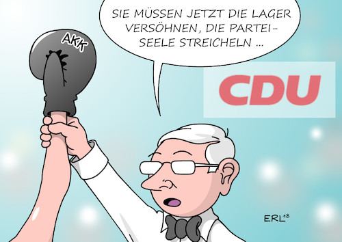 Cartoon: AKK (medium) by Erl tagged politik,cdu,bundeskanzlerin,angela,merkel,rückzug,parteivorsitz,partei,vorsitz,wahl,vorsitzende,vorsitzender,richtung,kandidaten,annegret,kramp,karrenbauer,friedrich,merz,jens,spahn,kampf,wettkampf,lager,sieger,verlierer,versöhnen,vereinen,parteiseele,streicheln,boxen,boxkampf,boxhandschuhe,karikatur,erl,politik,cdu,bundeskanzlerin,angela,merkel,rückzug,parteivorsitz,partei,vorsitz,wahl,vorsitzende,vorsitzender,richtung,kandidaten,annegret,kramp,karrenbauer,friedrich,merz,jens,spahn,kampf,wettkampf,lager,sieger,verlierer,versöhnen,vereinen,parteiseele,streicheln,boxen,boxkampf,boxhandschuhe,karikatur,erl