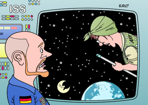 Cartoon: AKK beschützt Astro-Alex (medium) by Erl tagged politik,bundeswehr,verteidigungsministerin,annegret,kramp,karrenbauer,weltraumkommando,sicherheit,weltraum,weltall,all,raumstation,iss,alexander,gerst,astronaut,putzfrau,gretel,schutz,mond,sterne,karikatur,erl,politik,bundeswehr,verteidigungsministerin,annegret,kramp,karrenbauer,weltraumkommando,sicherheit,weltraum,weltall,all,raumstation,iss,alexander,gerst,astronaut,putzfrau,gretel,schutz,mond,sterne,karikatur,erl