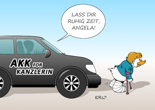 Cartoon: AKK Merkel (medium) by Erl tagged politik,partei,cdu,vorsitzende,annegret,kramp,karrenbauer,ambitionen,amt,bundeskanzlerin,amtsinhaberin,angela,merkel,lame,duck,auto,suv,krücken,ente,karikatur,erl,politik,partei,cdu,vorsitzende,annegret,kramp,karrenbauer,ambitionen,amt,bundeskanzlerin,amtsinhaberin,angela,merkel,lame,duck,auto,suv,krücken,ente,karikatur,erl