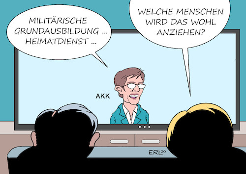 Cartoon: AKKs Heimatdienst (medium) by Erl tagged politik,verteidigungsministerin,annegret,kramp,karrenbauer,akk,vorschlag,dienst,freiwillig,land,bundeswehr,grundausbildung,reservisten,heimat,heimatdienst,konservativ,national,anziehungskraft,karikatur,erl,politik,verteidigungsministerin,annegret,kramp,karrenbauer,akk,vorschlag,dienst,freiwillig,land,bundeswehr,grundausbildung,reservisten,heimat,heimatdienst,konservativ,national,anziehungskraft,karikatur,erl