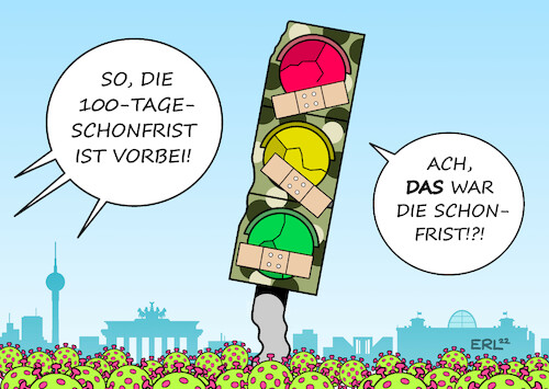 Cartoon: Ampel-Schonfrist vorbei (medium) by Erl tagged politik,bundesregierung,koalition,spd,grüne,fdp,ampel,100,tage,schonfrist,corona,pandemie,delta,omikron,welle,klimawandel,krieg,angriff,wladimir,putin,russland,ukraine,sanktionen,aufrüstung,bundeswehr,schulden,karikatur,erl,politik,bundesregierung,koalition,spd,grüne,fdp,ampel,100,tage,schonfrist,corona,pandemie,delta,omikron,welle,klimawandel,krieg,angriff,wladimir,putin,russland,ukraine,sanktionen,aufrüstung,bundeswehr,schulden,karikatur,erl