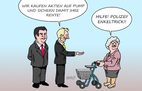 Cartoon: Ampel Rente (medium) by Erl tagged politik,bundesregierung,ampel,spd,grüne,fdp,rente,aktien,fond,stabilisierung,sicherheit,rentenniveau,rentenbeitrag,rentnerin,rentner,arbeitsminister,hubertus,heil,finanzminister,christian,lindner,enkeltrick,karikatur,erl,politik,bundesregierung,ampel,spd,grüne,fdp,rente,aktien,fond,stabilisierung,sicherheit,rentenniveau,rentenbeitrag,rentnerin,rentner,arbeitsminister,hubertus,heil,finanzminister,christian,lindner,enkeltrick,karikatur,erl