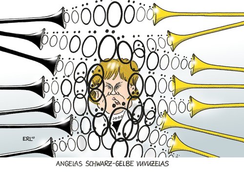 Cartoon: Angelas schwarz-gelbe Vuvuzelas (medium) by Erl tagged angela,merkel,bundeskanzlerin,rgierung,koalition,schwarzgelb,cdu,csu,fdp,streit,misstöne,fußball,weltmeisterschaft,südafrika,vuvuzela,angela merkel,bundeskanzlerin,regierung,koalition,schwarzgelb,cdu,streit,töne,fußball,weltmeisterschaft,südafrika,vuvuzela,angela,merkel