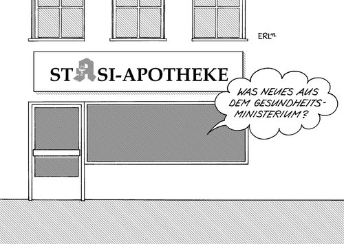 Cartoon: Apotheke (medium) by Erl tagged apotheke,lobby,gesundheitsministerium,spion,it,spezialist,fachmann,computer,pc,information,lobbyist,stasi