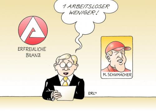 Cartoon: Arbeitslosenzahlen (medium) by Erl tagged arbeitslosigkeit,zahlen,anstieg,rückgang,bundesagentur,für,arbeit,michael,schumacher,formel,ferrari,comeback,vertretung,arbeitslosigkeit,arbeit,job,karriere,beruf,arbeitlos,arbeitsamt,bilanzen,bilanz,michale schumacher,formel,ferrari,comeback,vertretung,michale,schumacher