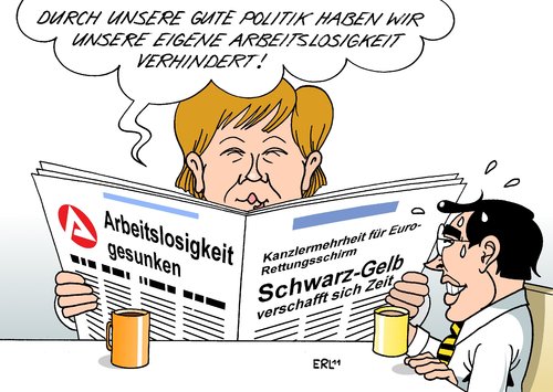 Cartoon: Arbeitslosigkeit (medium) by Erl tagged krise,euro,rückgang,arbeitslosigkeit,schulden,griechenland,rettungsschirm,abstimmung,bundestag,regierung,koalition,schwarz,gelb,cdu,csu,fdp,mehrheit,kanzlermehrheit,wackelig,zitterpartie,bundeskanzlerin,angela,merkel,philipp,rösler,gerettet,zeit,arbeitslosigkeit,rückgang,euro,krise,schulden,griechenland,rettungsschirm,abstimmung,bundestag