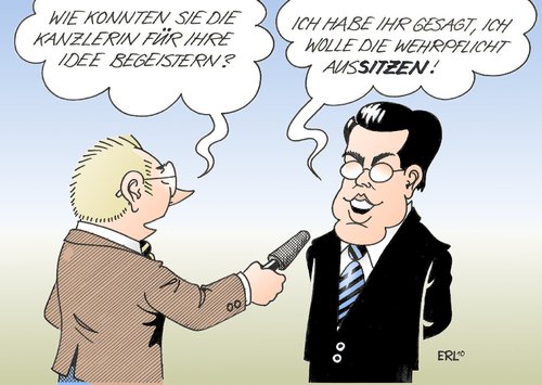 Cartoon: Argument (medium) by Erl tagged guttenberg,verteidigungsminister,wehrpflicht,aussetzung,merkel,überzeugen,aussitzen,bundeswehrreform,bundeswehr,reform,verteidigungsminister,guttenberg,wehrpflicht,aussetzen,geld,sparen,schäuble,kampfpanzer,soldaten,soldat,armee,verteidigung,auslandseinsatz