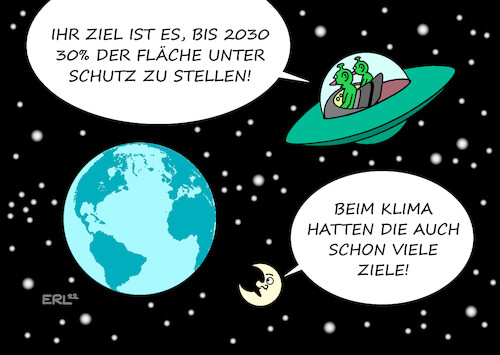 Cartoon: Artenschutz (medium) by Erl tagged politik,umwelt,umweltschutz,ökologie,artenschutz,konferenz,montreal,kanada,ziel,30,prozent,fläche,staaten,länder,erde,schutz,klimaziele,mond,sterne,all,weltall,ufo,karikatur,erl,politik,umwelt,umweltschutz,ökologie,artenschutz,konferenz,montreal,kanada,ziel,30,prozent,fläche,staaten,länder,erde,schutz,klimaziele,mond,sterne,all,weltall,ufo,karikatur,erl