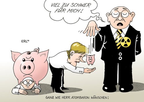 Cartoon: Atombaron (medium) by Erl tagged merkel,sparpaket,arm,reich,sparschwein,einsparungen,energiekonzern,atomsteuer,brennelementesteuer,ablehnung,atomenergie,atomkraftwerk,angela merkel,sparen,sparpaket,arm,reich,sparschwein,einsparungen,energiekonzern,atomsteuer,brennelementesteuer,ablehnung,atomenergie,atomkraftwerk,akw,engergien,angela,merkel