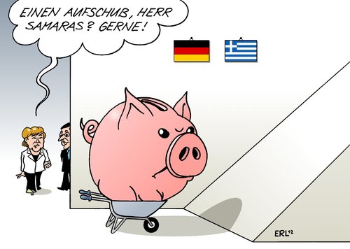 Cartoon: Aufschub (medium) by Erl tagged griechenland,schulden,krise,euro,sparkurs,eu,ezb,iwf,sanierung,haushalt,ministerpräsident,samaras,besuch,deutschland,bundeskanzlerin,angela,merkel,aufschub,zeit,geld,sparschwein,griechenland,schulden,krise,euro,sparkurs,eu,ezb,iwf,sanierung,haushalt,ministerpräsident,samaras,besuch,deutschland,bundeskanzlerin,angela,merkel,aufschub,zeit,geld,sparschwein