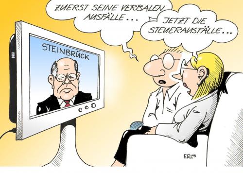 Cartoon: Ausfälle (medium) by Erl tagged steinbrück,beleidigung,verbal,steuerausfälle,finanzminister,finanzkrise,steueroasen,steuerschätzung,cartoon,cartoons,peer steinbrück,beleidigung,steuerausfälle,finanzminister,finanzkrise,steueroasen,steuerschätzung,steuer,schulden,wirtschaft,wirtschaftskrise,gelf,finanzen,peer,steinbrück