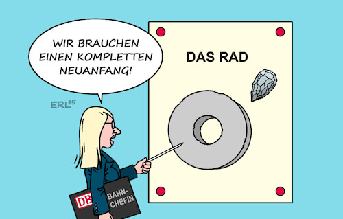 Cartoon: Bahn Neuanfang (medium) by Erl tagged politik,bahn,chefin,evelyn,palla,ankündigung,neuanfang,steinzeit,erfindung,rad,karikatur,erl,politik,bahn,chefin,evelyn,palla,ankündigung,neuanfang,steinzeit,erfindung,rad,karikatur,erl