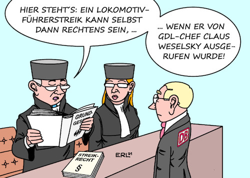 Cartoon: Bahnstreik Urteil (medium) by Erl tagged politik,gewerkschaft,deutscher,lokomotivführer,gdl,chef,claus,weselsky,streik,lohnerhöhung,coronaprämie,macht,konkurrenz,evg,deutsche,bahn,gericht,verfügung,scheitern,richter,richterin,karikatur,erl,politik,gewerkschaft,deutscher,lokomotivführer,gdl,chef,claus,weselsky,streik,lohnerhöhung,coronaprämie,macht,konkurrenz,evg,deutsche,bahn,gericht,verfügung,scheitern,richter,richterin,karikatur,erl