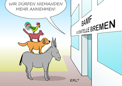 Cartoon: BAMF Bremen (medium) by Erl tagged politik,bundesamt,für,migration,und,flüchtlinge,bamf,dienststelle,außenstelle,bremen,leiterin,asylanträge,asylbescheide,unrechtmässig,rechtswidrig,regelwidrig,aufklärung,innenminister,horst,seehofer,csu,stopp,bearbeitung,bremer,stadtmusikanten,esel,hund,katze,hahn,grimm,märchen,diskussion,flüchtlingspolitik,karikatur,erl,politik,bundesamt,für,migration,und,flüchtlinge,bamf,dienststelle,außenstelle,bremen,leiterin,asylanträge,asylbescheide,unrechtmässig,rechtswidrig,regelwidrig,aufklärung,innenminister,horst,seehofer,csu,stopp,bearbeitung,bremer,stadtmusikanten,esel,hund,katze,hahn,grimm,märchen,diskussion,flüchtlingspolitik,karikatur,erl