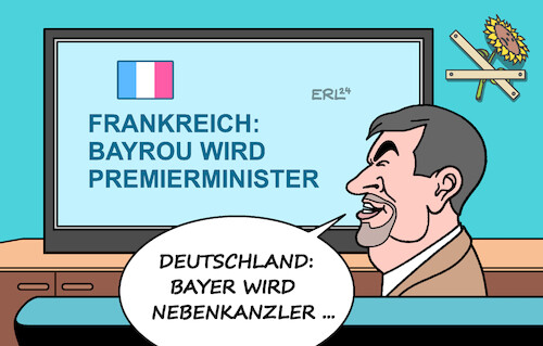 Cartoon: Bayrou (medium) by Erl tagged politik,frankreich,premierminister,bayrou,deutschland,neuwahlen,nebenkanzler,söder,csu,bayern,grünenhasser,karikatur,erl,politik,frankreich,premierminister,bayrou,deutschland,neuwahlen,nebenkanzler,söder,csu,bayern,grünenhasser,karikatur,erl