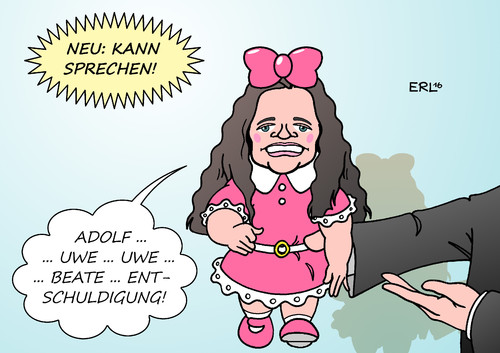 Cartoon: Beate Zschäpe (medium) by Erl tagged beate,zschäpe,nsu,prozess,ermordung,mord,mordserie,migranten,rechtsextremismus,terrorismus,uwe,mundlos,böhnhardt,gericht,aussage,sprechen,gedankengut,nationalsozialismus,adolf,hitler,abwendung,entschuldigung,opfer,anwälte,taktik,puppe,karikatur,erl,beate,zschäpe,nsu,prozess,ermordung,mord,mordserie,migranten,rechtsextremismus,terrorismus,uwe,mundlos,böhnhardt,gericht,aussage,sprechen,gedankengut,nationalsozialismus,adolf,hitler,abwendung,entschuldigung,opfer,anwälte,taktik,puppe,karikatur,erl