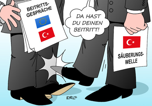 Cartoon: Beitrittsgespräche (medium) by Erl tagged türkei,eu,beitrittsgespräche,putsch,versuch,präsident,erdogan,säuberung,verhaftungen,entlassungen,militär,justiz,lehrer,journalisten,meinungsfreiheit,pressefreiheit,gülen,bewegung,terror,verdacht,pkk,kurden,karikatur,erl,eu,türkei
