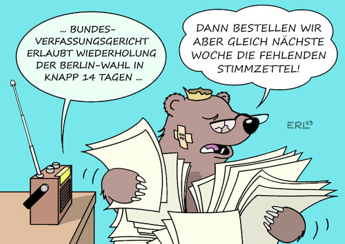 Cartoon: Berlin-Wahl (medium) by Erl tagged politik,demokratie,wahl,berlin,abgeordnetenhaus,2021,chaos,stimmzettel,öffnungszeiten,gericht,urteil,wiederholung,12,februar,2023,bestätigung,bundesverfassungsgericht,karlsruhe,berliner,bär,karikatur,erl,politik,demokratie,wahl,berlin,abgeordnetenhaus,2021,chaos,stimmzettel,öffnungszeiten,gericht,urteil,wiederholung,12,februar,2023,bestätigung,bundesverfassungsgericht,karlsruhe,berliner,bär,karikatur,erl