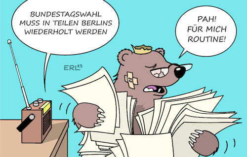 Cartoon: Berlin (medium) by Erl tagged politik,urteil,karlsruhe,wiederholung,bundestagswahl,berlin,teil,wahlbezirke,wahl,2021,wahlunterlagen,fehlen,wählerinnen,wähler,schlange,stehen,wahllokale,öffnungszeiten,organisation,chaos,routine,bär,karikatur,erl,politik,urteil,karlsruhe,wiederholung,bundestagswahl,berlin,teil,wahlbezirke,wahl,2021,wahlunterlagen,fehlen,wählerinnen,wähler,schlange,stehen,wahllokale,öffnungszeiten,organisation,chaos,routine,bär,karikatur,erl