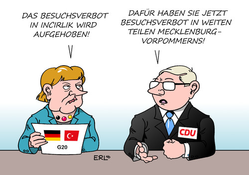 Cartoon: Besuchsverbot (medium) by Erl tagged erstarken,bundeskanzlerin,flüchtlingspolitik,flüchtlinge,vorpommern,mecklenburg,landtagswahl,landtag,wahl,aufhebung,erdogan,merkel,gespräch,g20,incirlik,luftwaffenbasis,bundeswehr,bundestagsabgeordnete,besuchsverbot,armenienresolution,türkei,deutschland,deutschland,türkei,armenienresolution,besuchsverbot,bundestagsabgeordnete,bundeswehr,luftwaffenbasis,incirlik,g20,gespräch,merkel,erdogan,aufhebung,wahl,landtag,landtagswahl,mecklenburg,vorpommern,flüchtlinge,fllüchtlingspolitik,bundeskanzlerin,erstarken,afd,rechtspopulismus,rechtsextremismus,stimmengewinn,karikatur,erl