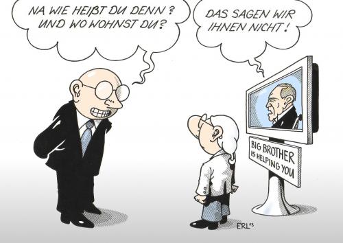 Cartoon: Big Brother is helping you (medium) by Erl tagged daten,datenschutz,datendiebstahl,datenklau,gesetz,widerspruch,zustimmung,schäuble,big,brother,bock,zum,gärtner,daten,datenschutz,datendiebstahl,datenklau,diebstahl,klauen,dieb,gesetz,widerspruch,zustimmung,wolfgang schäuble,big brother,datenweitergabe,datenmissbrauch,einwilligung,bürger,internet,kreditkarte,bankdaten,identität,wolfgang,schäuble,big,brother