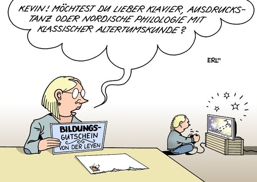 Cartoon: Bildungsgutschein (medium) by Erl tagged hartz,leyen,arbeitsministerin,bildungsgutschein,werbung,flop,spielekonsole,playstation,game,philologie,altertum,kevin,computerspiel