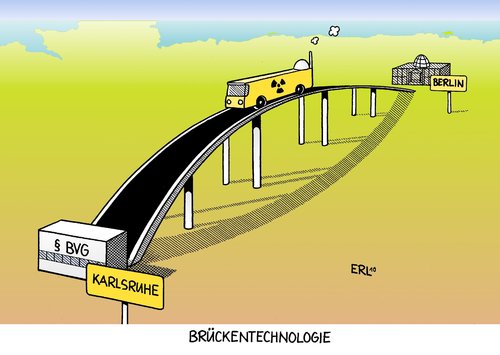 Cartoon: Brückentechnologie (medium) by Erl tagged atomenergie,atomkraftwrek,laufzeit,verlängerung,bundestag,gesetz,regierung,koalition,cdu,csu,fdp,schwarz,gelb,opposition,klage,bundesverfassungsgericht,karlsruhe,berlin,brücke,brückentechnologie,atomenergie,atomkraftwrek,laufzeit,verlängerung,bundestag,gesetz,regierung,koalition,cdu,csu,fdp,schwarz,gelb,bundesverfassungsgericht,karlsruhe,klage,brücke,brückentechnologie,berlin