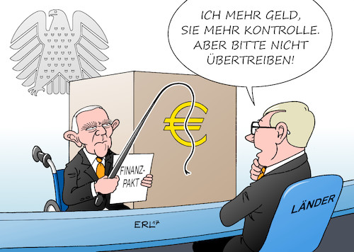 Cartoon: Bund-Länder-Finanzen (medium) by Erl tagged länderfinanzausgleich,neuordnung,gesetz,bundestag,finanzpakt,finanzen,bund,kompetenzen,kontrolle,zuzahlung,länder,mehr,geld,lebensverhältnisse,deutschland,ausgleich,wirtschaft,wirtschaftskraft,stärke,gerechtigkeit,peitsche,finanzminister,wolfgang,schäuble,bundesadler,euro,karikatur,erl,länderfinanzausgleich,neuordnung,gesetz,bundestag,finanzpakt,finanzen,bund,kompetenzen,kontrolle,zuzahlung,länder,mehr,geld,lebensverhältnisse,deutschland,ausgleich,wirtschaft,wirtschaftskraft,stärke,gerechtigkeit,peitsche,finanzminister,wolfgang,schäuble,bundesadler,euro,karikatur,erl