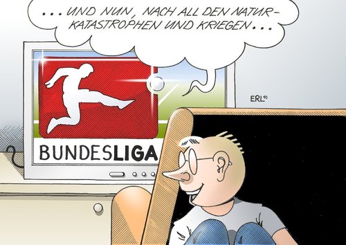 Cartoon: Bundesligastart (medium) by Erl tagged fußball,bundesliga,fernsehen,nachrichten,katastrophen,naturkatastrophen,krieg,kriege,meldungen,deckung,fußball,bundesliga,fernsehen,nachrichten,katastrophen,naturkatastrophen,krieg,kriege,meldungen,deckung,news