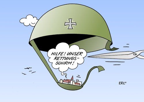 Cartoon: Bundeswehr (medium) by Erl tagged sparen,reform,schließung,kaserne,standort,bundeswehr,kommunen,gemeinde,wirtschaftsfaktor,rettungsschirm,helm,bundeswehr,standort,kaserne,schließung,reform,sparen,kommunen,gemeinde,wirtschaftsfaktor,rettungsschirm,helm