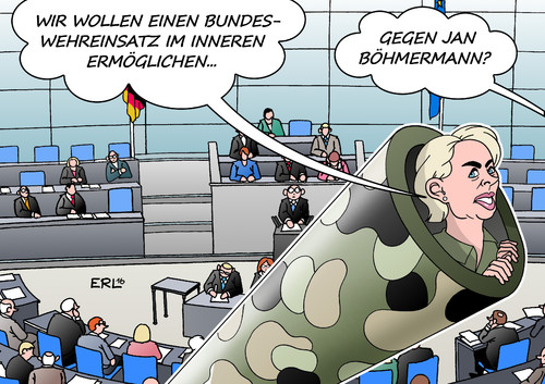 Cartoon: Bundeswehr im Innern (medium) by Erl tagged bundeswehr,einsatz,inland,verbot,grundgesetz,änderung,verteidigungsministerium,verteidigungsministerin,von,der,leyen,jan,böhmermann,gedicht,erdogan,strafantrag,beleidigung,satire,meinungsfreiheit,staatsaffäre,einmischung,merkel,falle,abkommen,flüchtlinge,karikatur,erl,bundeswehr,einsatz,inland,verbot,grundgesetz,änderung,verteidigungsministerium,verteidigungsministerin,von,der,leyen,jan,böhmermann,gedicht,erdogan,strafantrag,beleidigung,satire,meinungsfreiheit,staatsaffäre,einmischung,merkel,falle,abkommen,flüchtlinge,karikatur,erl