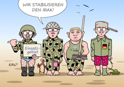 Cartoon: Bundeswehr Irak (medium) by Erl tagged politik,bundeswehr,militär,deutschland,ausrüstung,mängel,veraltet,kaputt,schrott,waffen,flugzeuge,hubschrauber,schiffe,panzer,verteidigungsministerin,ursula,von,der,leyen,vorzeigeprojekte,auslandseinsätze,einsätze,bundeswehreinsatz,stabilisierung,irak,unterstützung,ausbildung,armee,soldaten,karikatur,erl,politik,bundeswehr,militär,deutschland,ausrüstung,mängel,veraltet,kaputt,schrott,waffen,flugzeuge,hubschrauber,schiffe,panzer,verteidigungsministerin,ursula,von,der,leyen,vorzeigeprojekte,auslandseinsätze,einsätze,bundeswehreinsatz,stabilisierung,irak,unterstützung,ausbildung,armee,soldaten,karikatur,erl